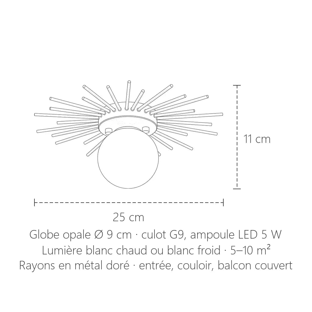 Dimensions du plafonnier soleil doré : 25 cm, 11 cm de haut