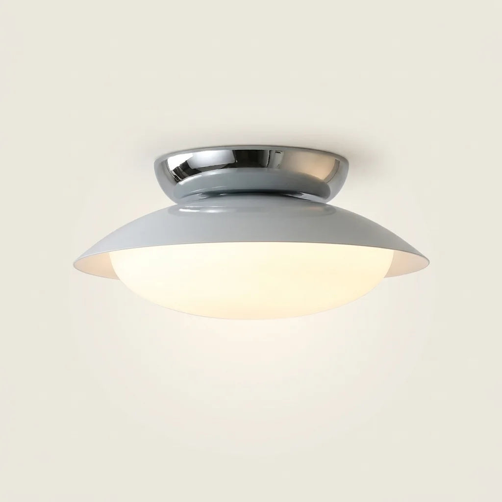 Plafonnier soucoupe rétro gris clair à rosace chromée
