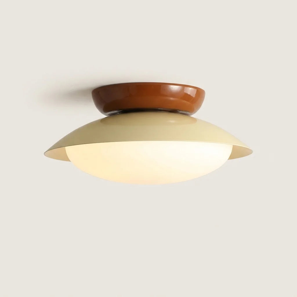 Plafonnier soucoupe rétro jaune à rosace brune brillante
