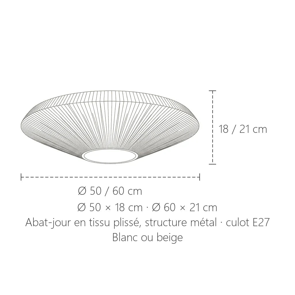Dimensions du plafonnier soucoupe en tissu plissé : Ø 50 ou 60 cm