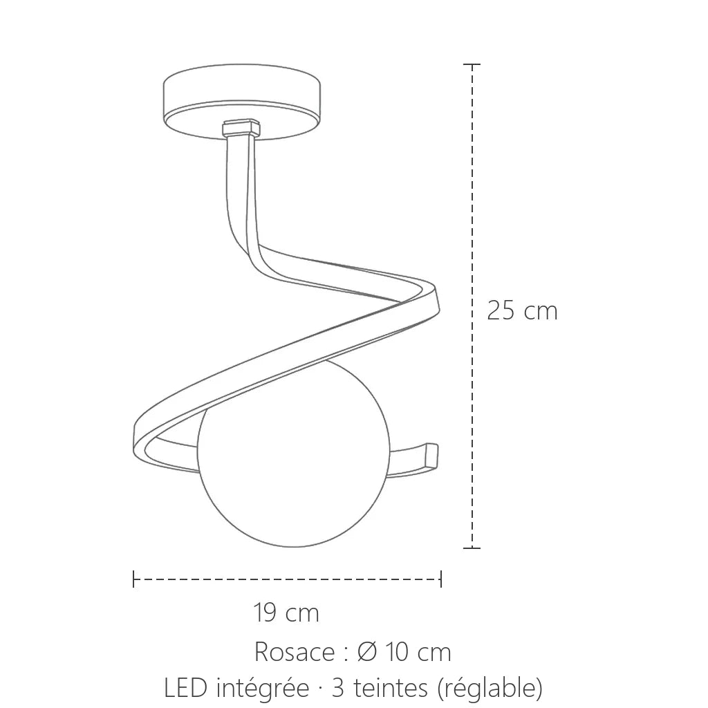 Dimensions du plafonnier spirale à globe : 19 cm de large, 25 cm de haut
