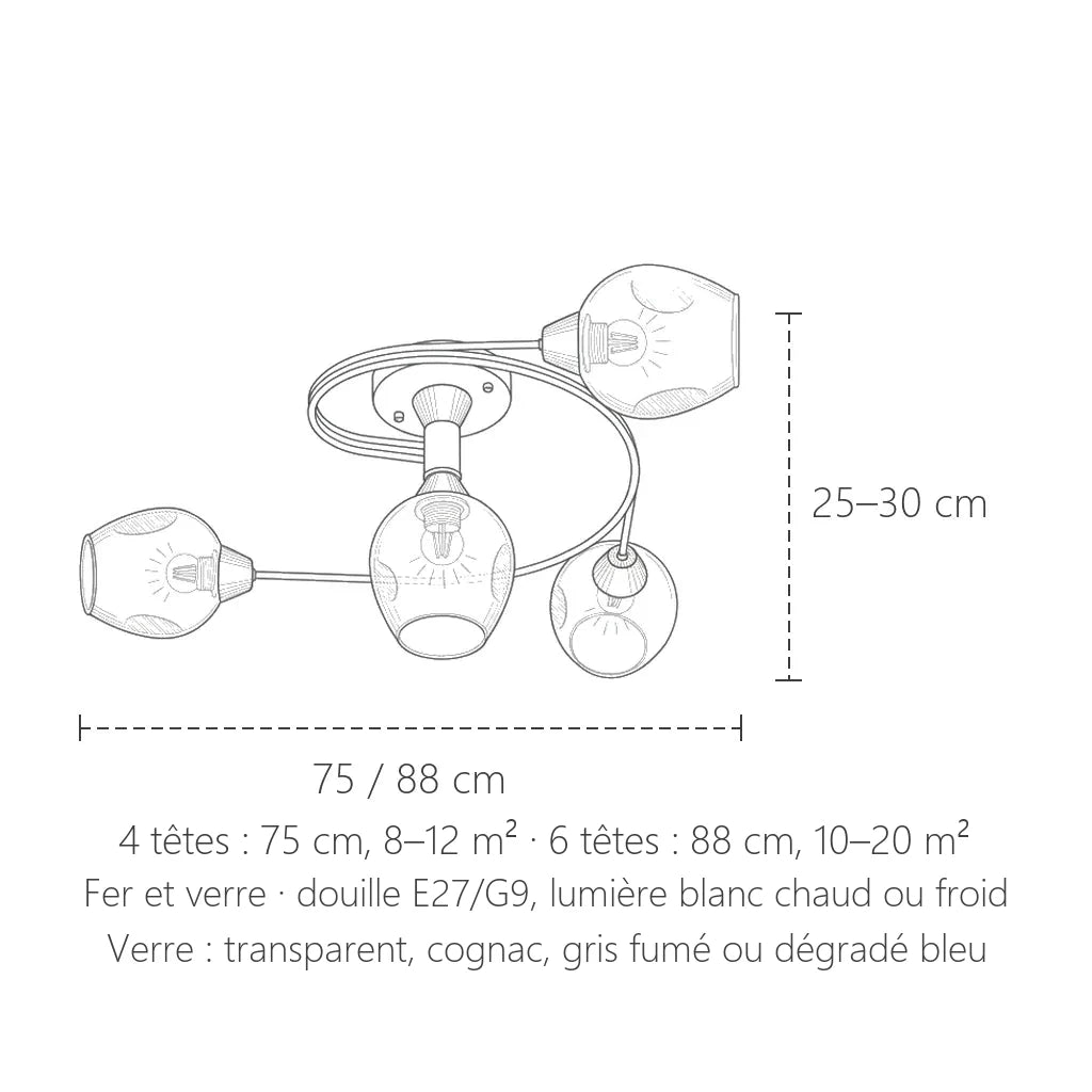 Dimensions du plafonnier spirale à globes en verre : 75 ou 88 cm, hauteur 25 à 30 cm
