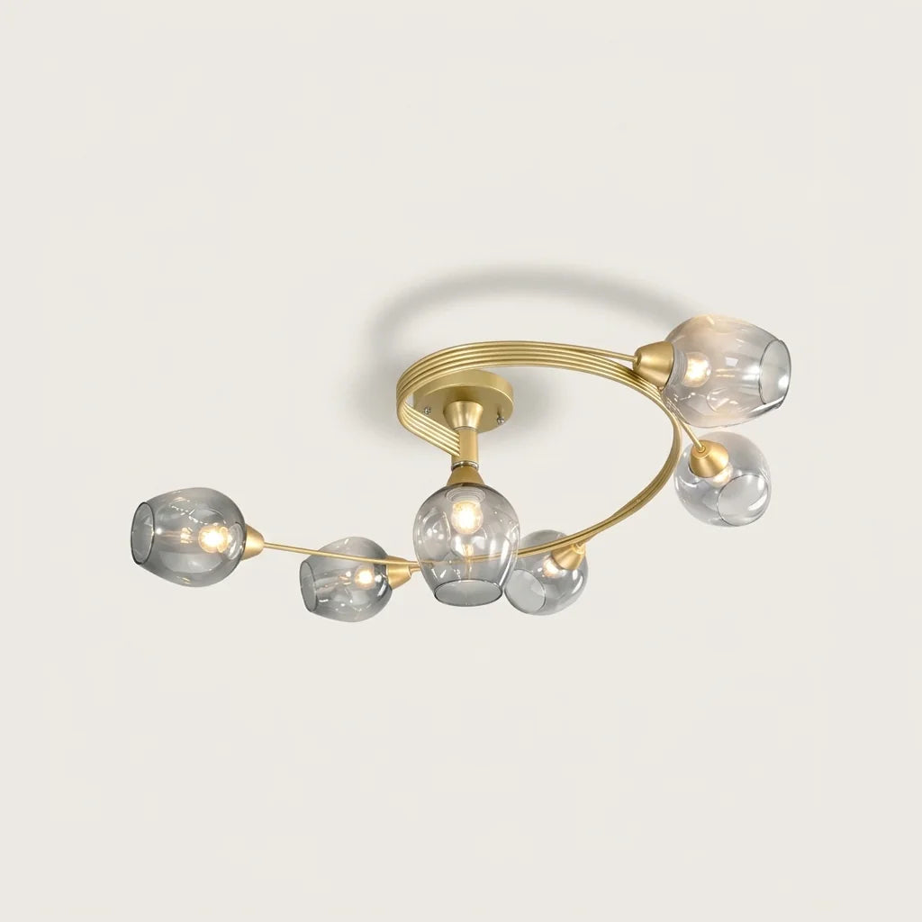 Plafonnier spirale doré 6 têtes à globes en verre