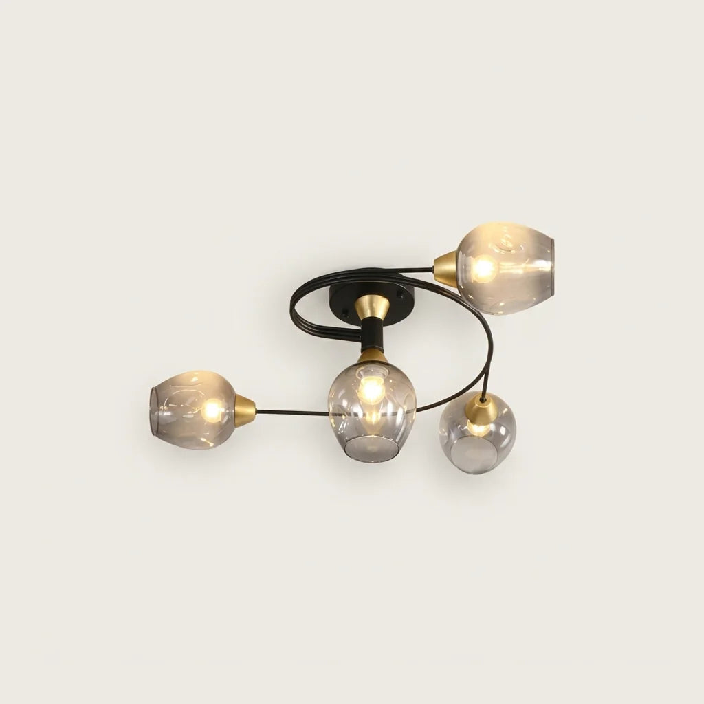 Plafonnier spirale noir 4 têtes à globes en verre
