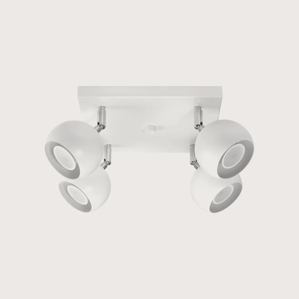 Plafonnier spots boules orientables, coloris blanc (4 lumières – platine carrée 25 × 25 cm)