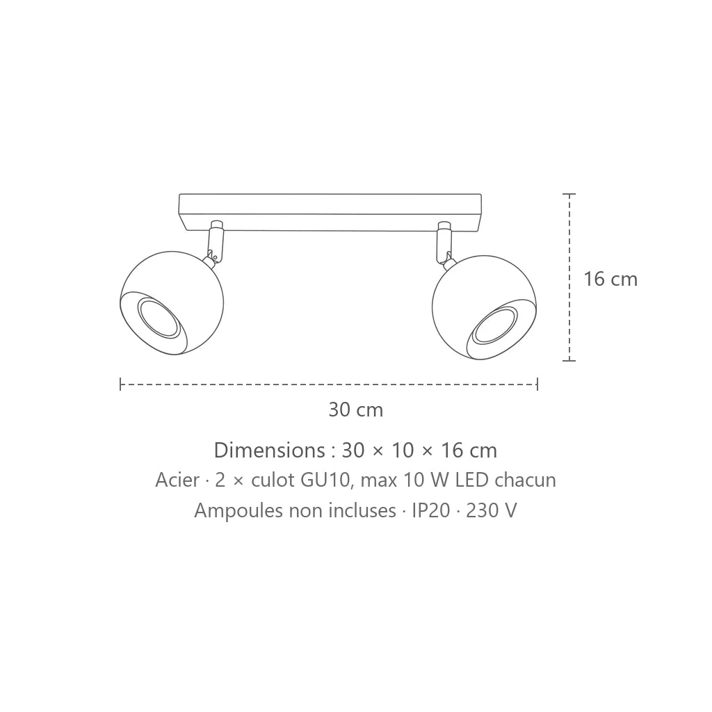 Dimensions : plafonnier spots boules orientables (2 lumières – barre 30 cm), 30 × 10 × 16 cm