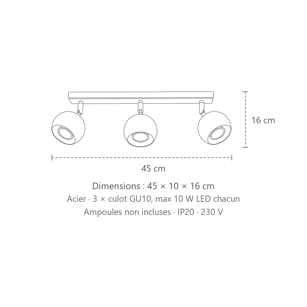 Dimensions : plafonnier spots boules orientables (3 lumières – barre 45 cm), 45 × 10 × 16 cm