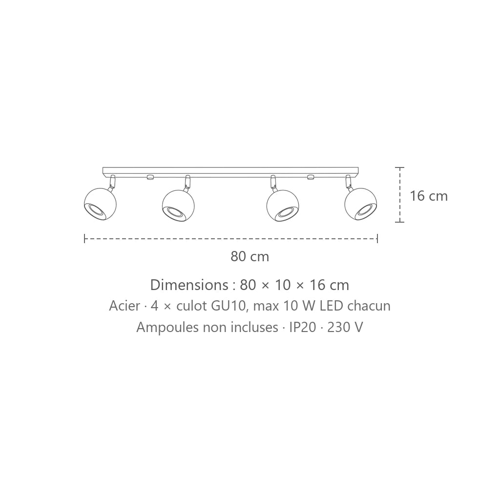 Dimensions : plafonnier spots boules orientables (4 lumières – barre 80 cm), 80 × 10 × 16 cm