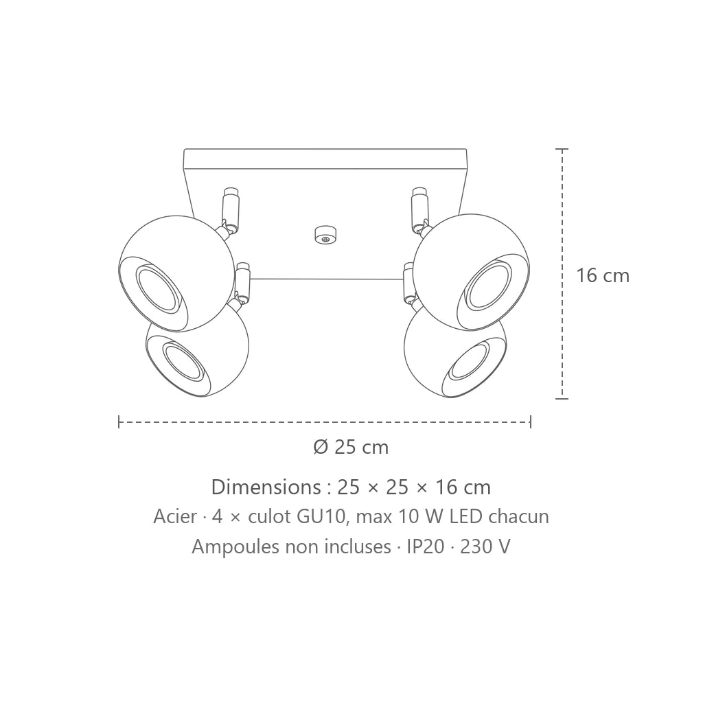 Dimensions : plafonnier spots boules orientables (4 lumières – platine carrée 25 × 25 cm), 25 × 25 × 16 cm