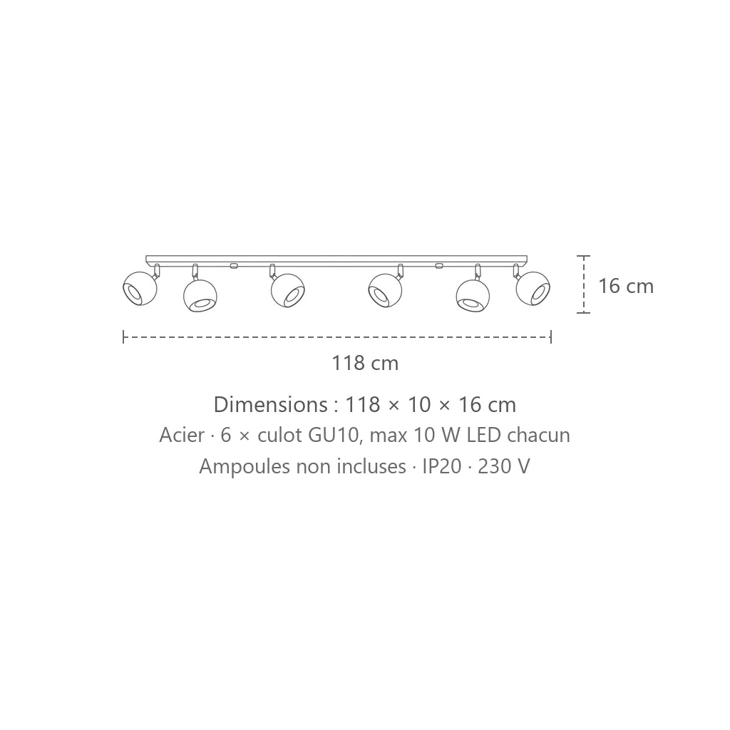 Dimensions : plafonnier spots boules orientables (6 lumières – barre 118 cm), 118 × 10 × 16 cm