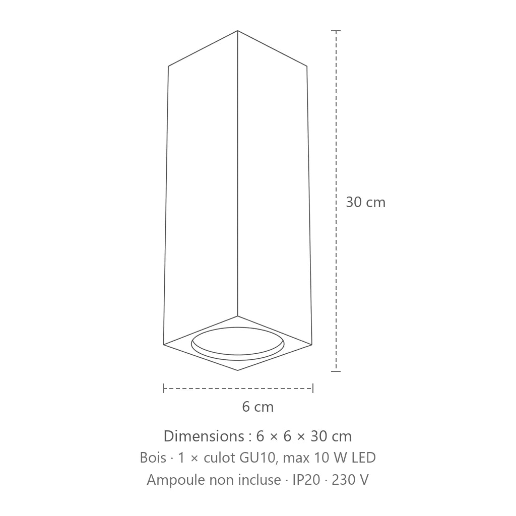 Dimensions : plafonnier spots carrés en chêne (1 lumière – hauteur 30 cm), 6 × 6 × 30 cm