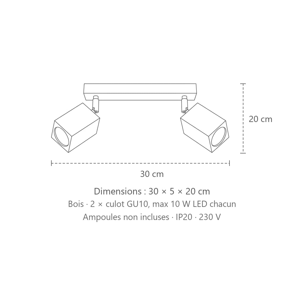 Dimensions : plafonnier spots carrés en chêne (2 lumières – 30 cm), 30 × 5 × 20 cm