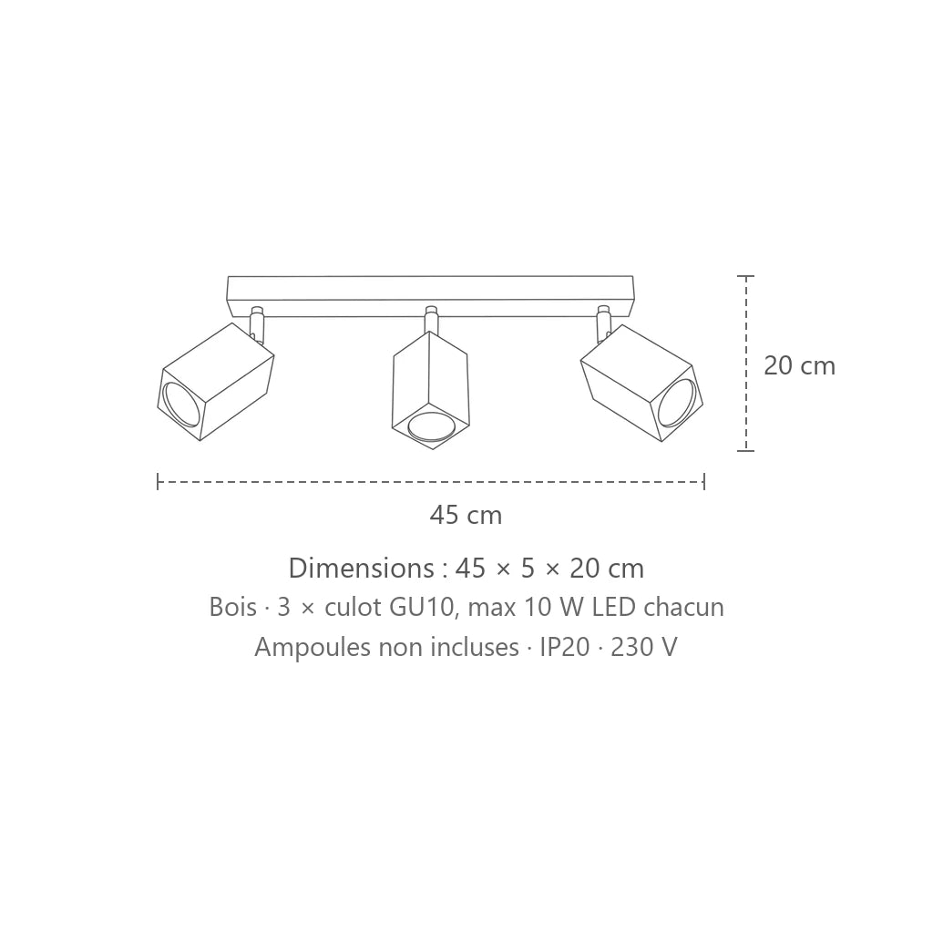 Dimensions : plafonnier spots carrés en chêne (3 lumières – 45 cm), 45 × 5 × 20 cm