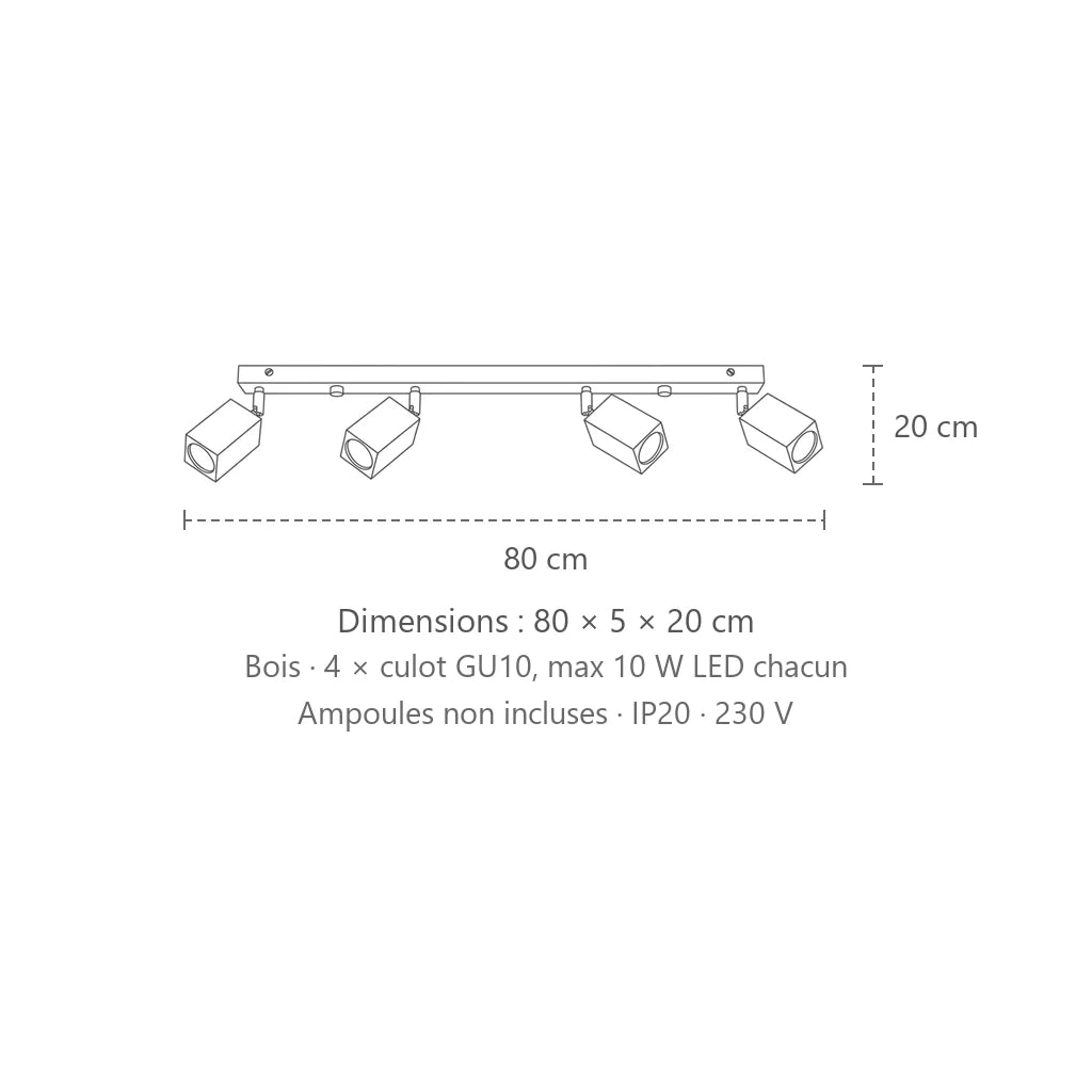 Dimensions : plafonnier spots carrés en chêne (4 lumières – 80 cm), 80 × 5 × 20 cm