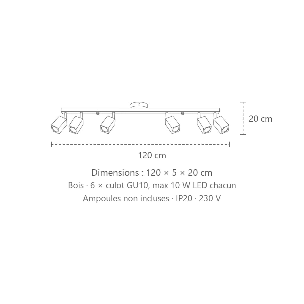 Dimensions : plafonnier spots carrés en chêne (6 lumières – 120 cm), 120 × 5 × 20 cm