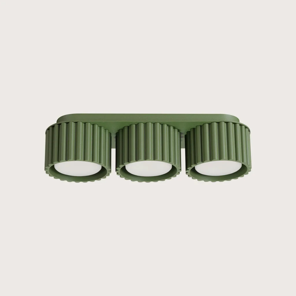 Plafonnier spots cylindres cannelés, coloris vert olive (3 lumières – GX53)