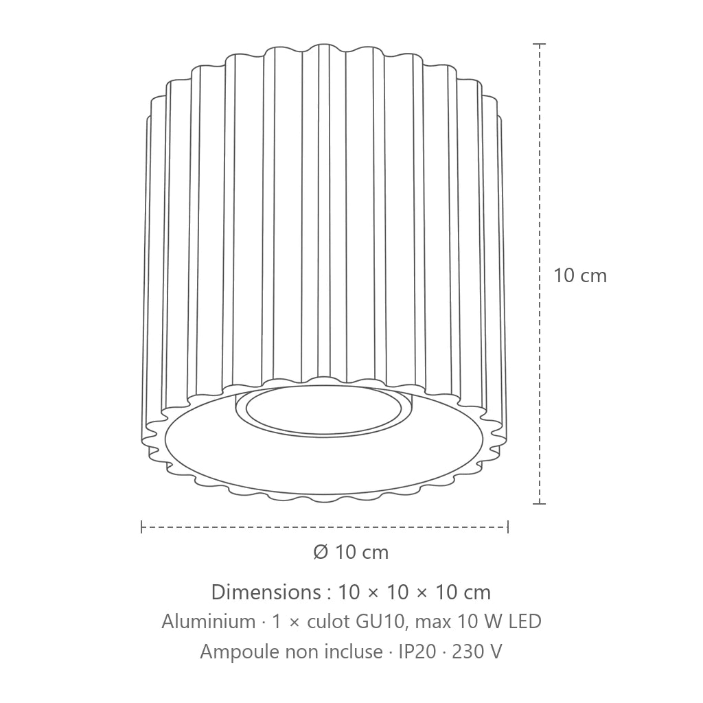 Dimensions : plafonnier spots cylindres cannelés (1 lumière – GU10), 10 × 10 × 10 cm