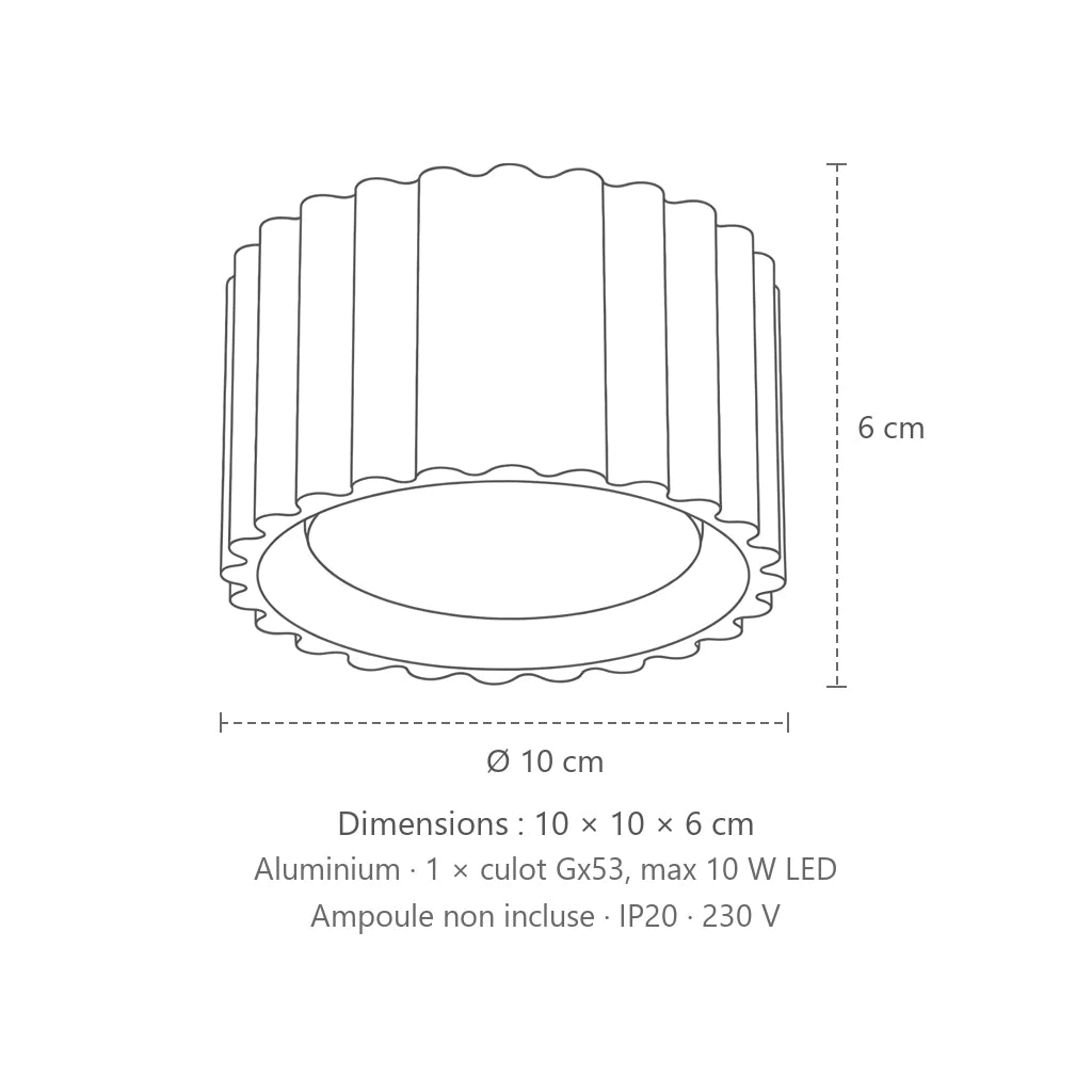 Dimensions : plafonnier spots cylindres cannelés (1 lumière – GX53), 10 × 10 × 6 cm