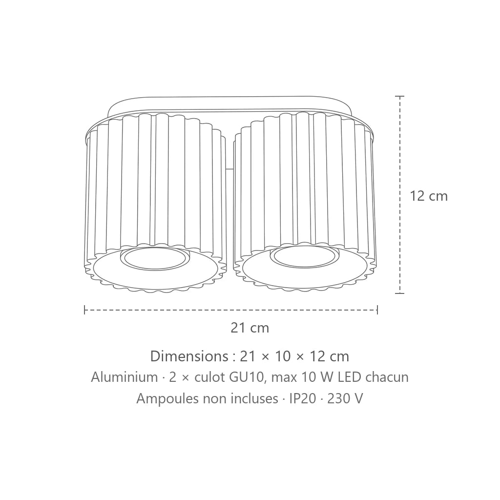 Dimensions : plafonnier spots cylindres cannelés (2 lumières – GU10), 21 × 10 × 12 cm