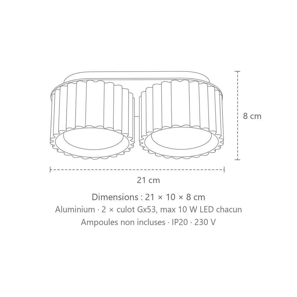 Dimensions : plafonnier spots cylindres cannelés (2 lumières – GX53), 21 × 10 × 8 cm
