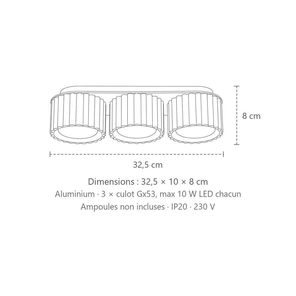 Dimensions : plafonnier spots cylindres cannelés (3 lumières – GX53), 32,5 × 10 × 8 cm