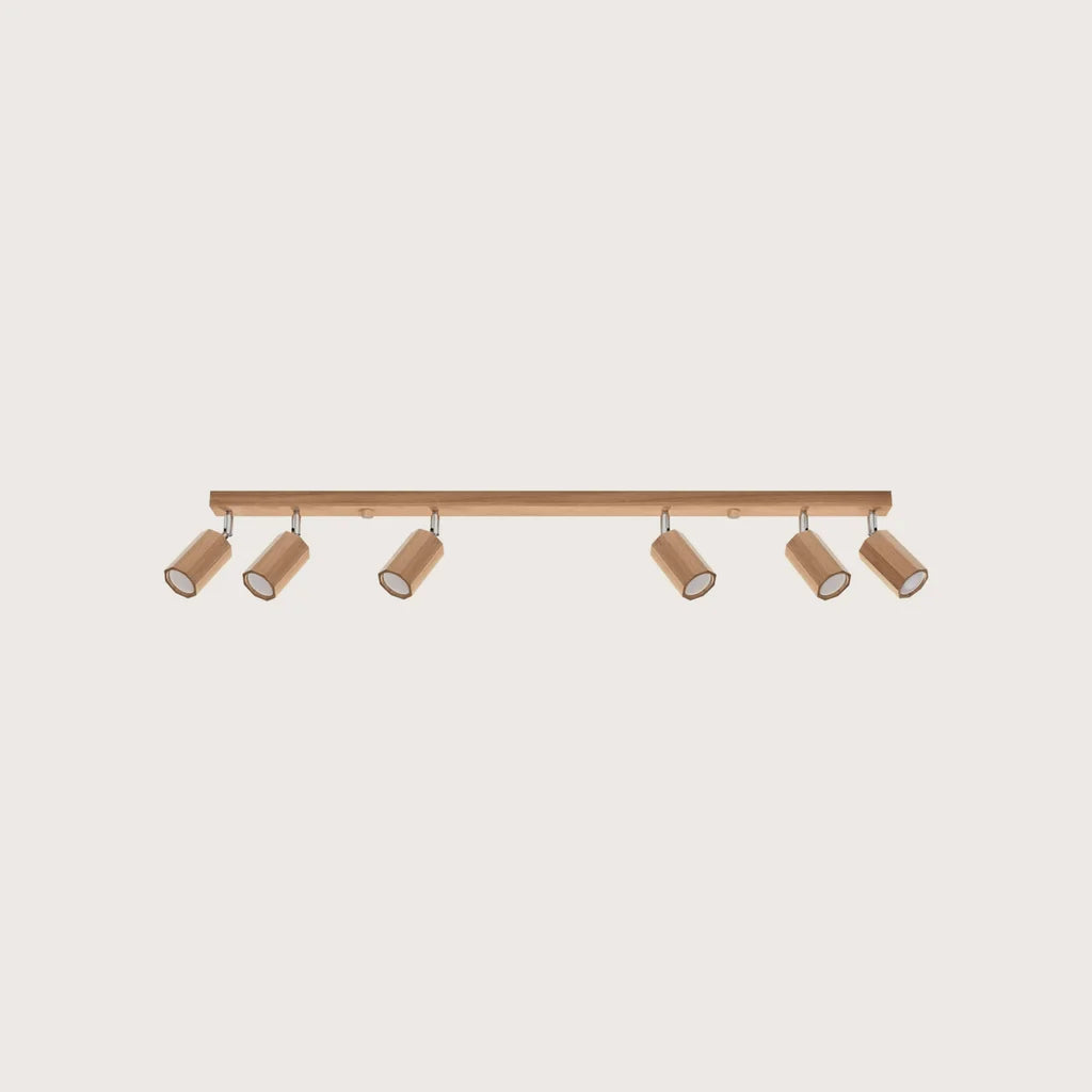 Plafonnier spots hexagonaux en chêne (6 lumières – 120 cm)