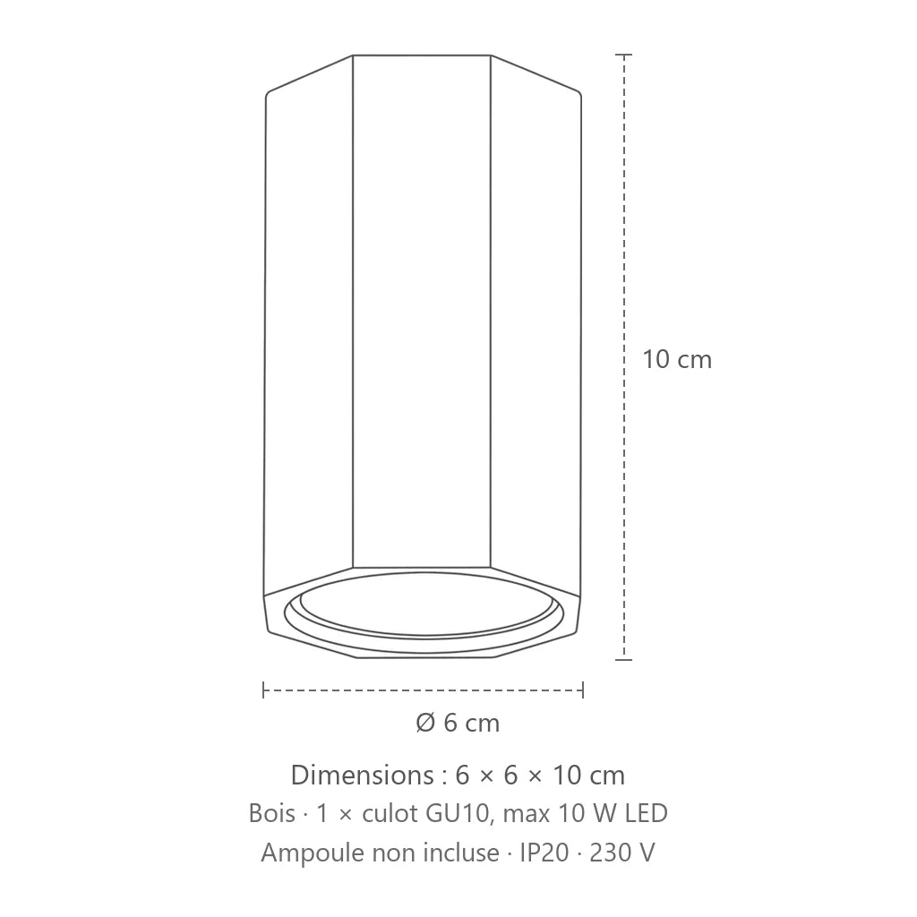 Dimensions : plafonnier spots hexagonaux en chêne (1 lumière – hauteur 10 cm), 6 × 6 × 10 cm