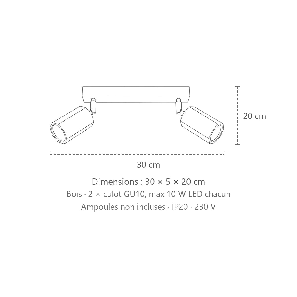 Dimensions : plafonnier spots hexagonaux en chêne (2 lumières – 30 cm), 30 × 5 × 20 cm