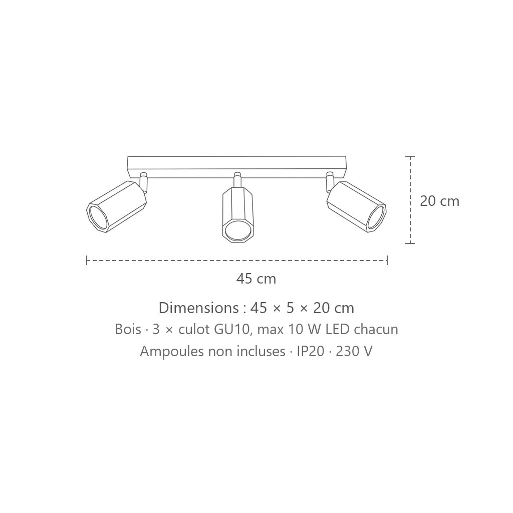 Dimensions : plafonnier spots hexagonaux en chêne (3 lumières – 45 cm), 45 × 5 × 20 cm