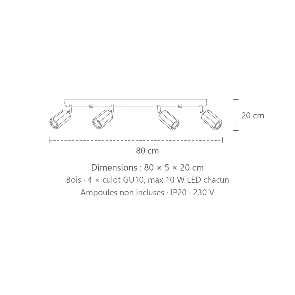 Dimensions : plafonnier spots hexagonaux en chêne (4 lumières – 80 cm), 80 × 5 × 20 cm