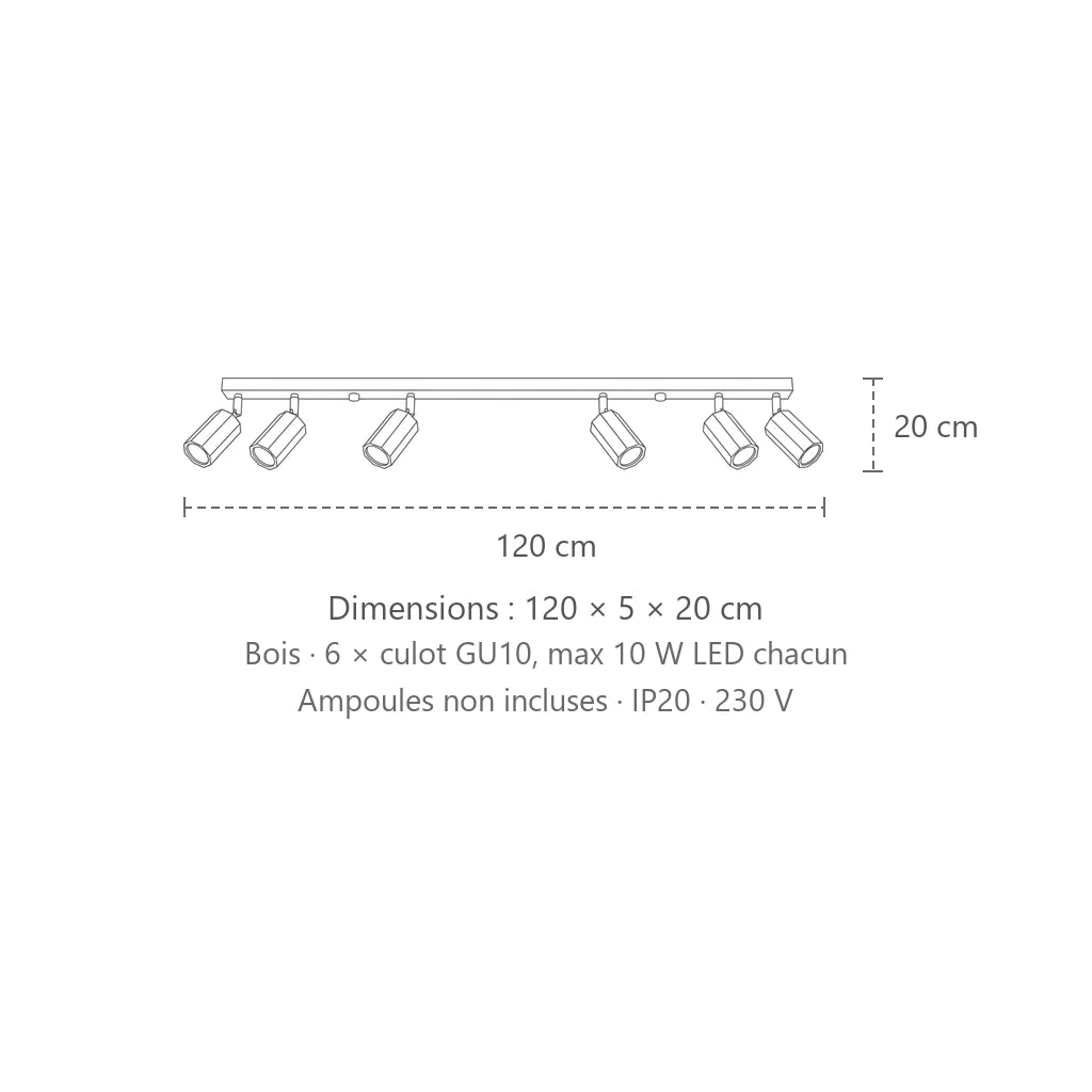 Dimensions : plafonnier spots hexagonaux en chêne (6 lumières – 120 cm), 120 × 5 × 20 cm