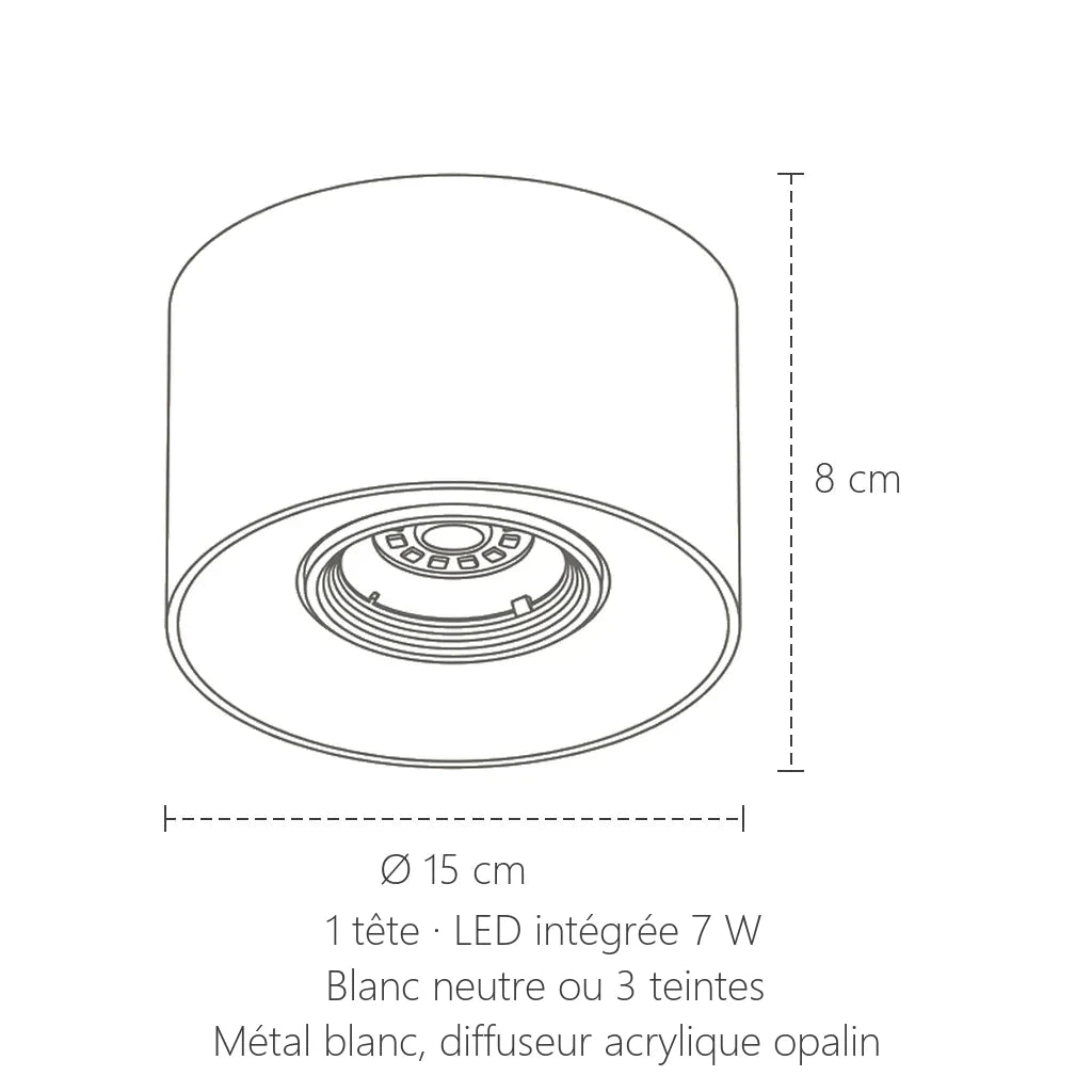 Dimensions du spot plafonnier LED blanc 1 tête : Ø 15 cm, 8 cm de haut