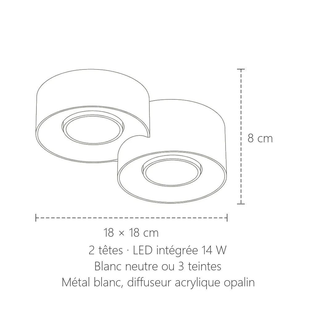 Dimensions du plafonnier 2 spots LED blancs : 18 × 18 cm, 8 cm de haut