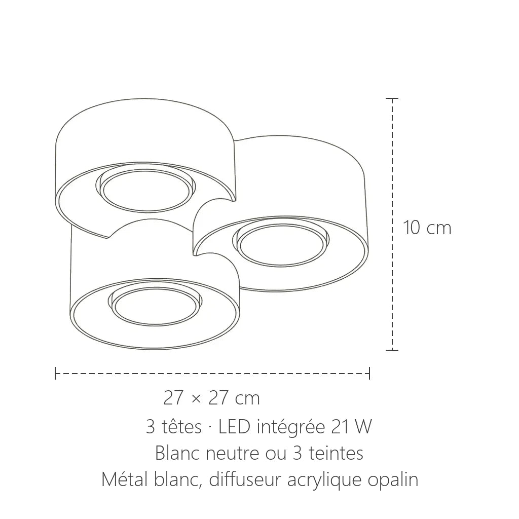Dimensions du plafonnier 3 spots LED blancs : 27 × 27 cm, 10 cm de haut