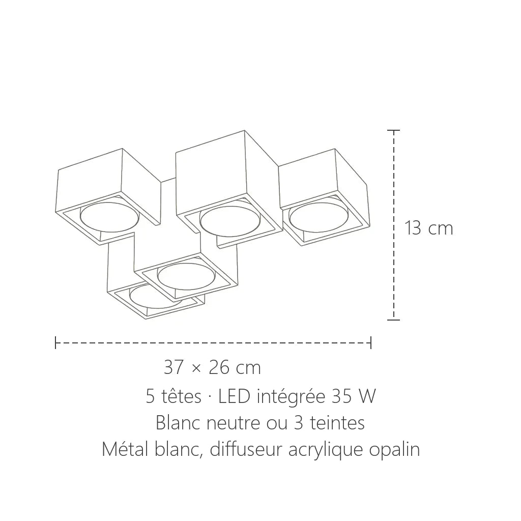 Dimensions du plafonnier 5 spots LED cubiques blancs : 37 × 26 cm, 13 cm de haut
