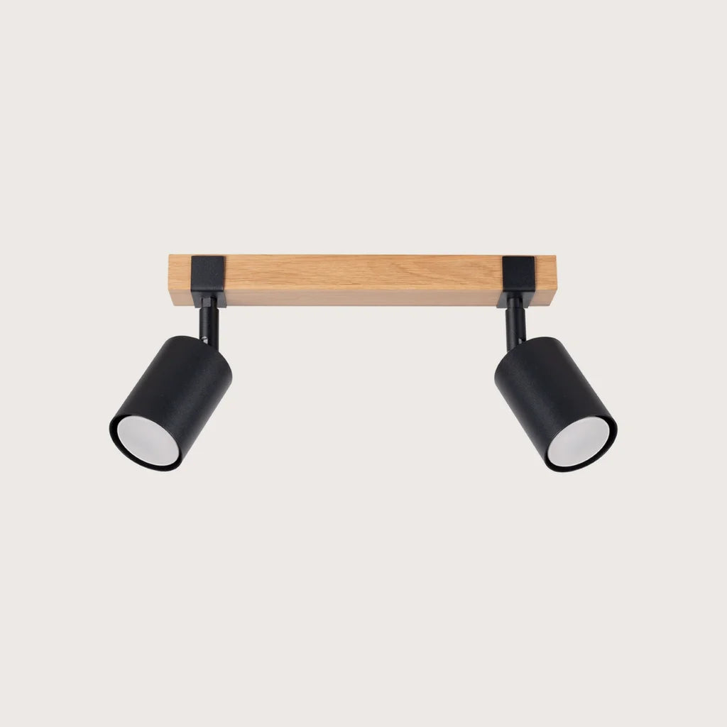 Plafonnier spots noirs sur barre en bois (2 lumières – barre 38 cm)