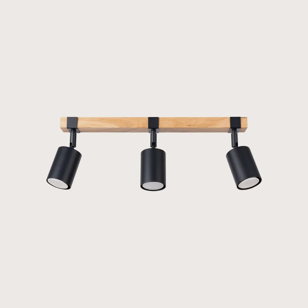 Plafonnier spots noirs sur barre en bois (3 lumières – barre 54 cm)