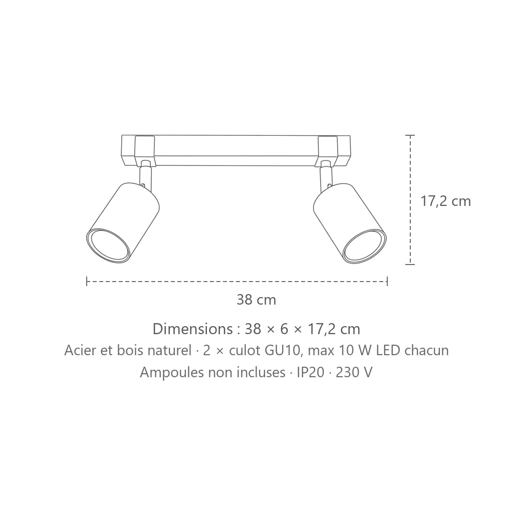 Dimensions : plafonnier spots noirs sur barre en bois (2 lumières – barre 38 cm), 38 × 6 × 17,2 cm