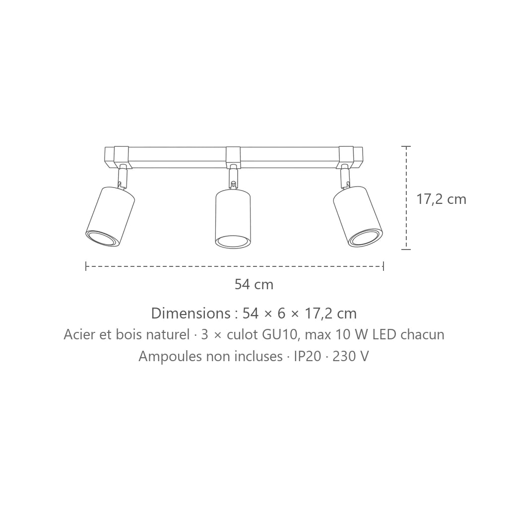 Dimensions : plafonnier spots noirs sur barre en bois (3 lumières – barre 54 cm), 54 × 6 × 17,2 cm