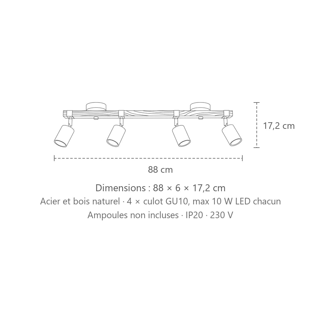 Dimensions : plafonnier spots noirs sur barre en bois (4 lumières – barre 88 cm), 88 × 6 × 17,2 cm