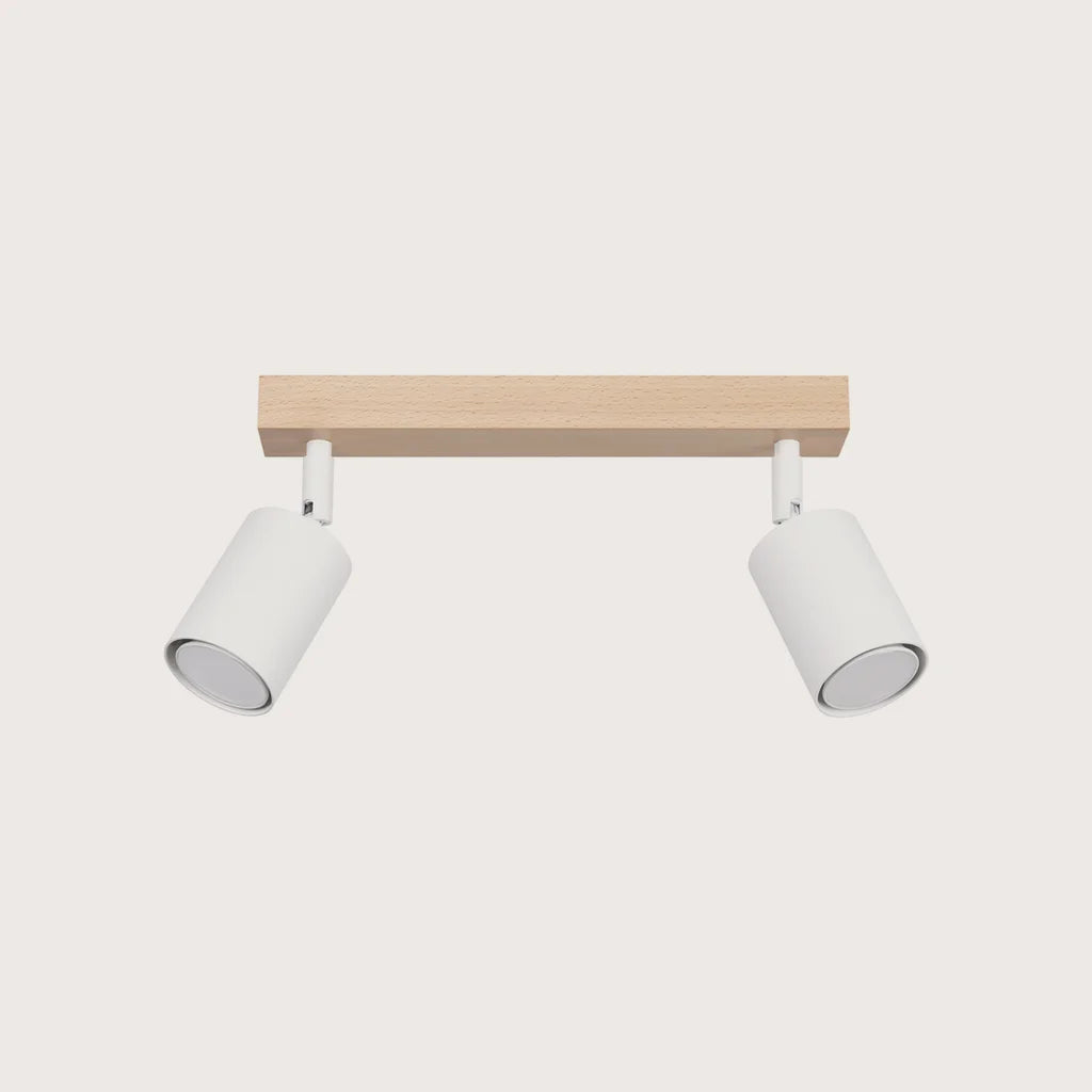 Plafonnier spots orientables sur barre en bois, coloris blanc et bois naturel (2 lumières – barre 46 cm)