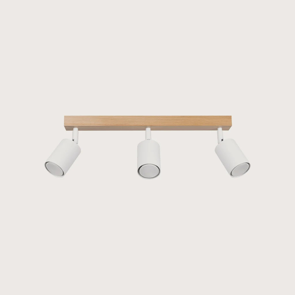 Plafonnier spots orientables sur barre en bois, coloris blanc et bois naturel (3 lumières – barre 61 cm)