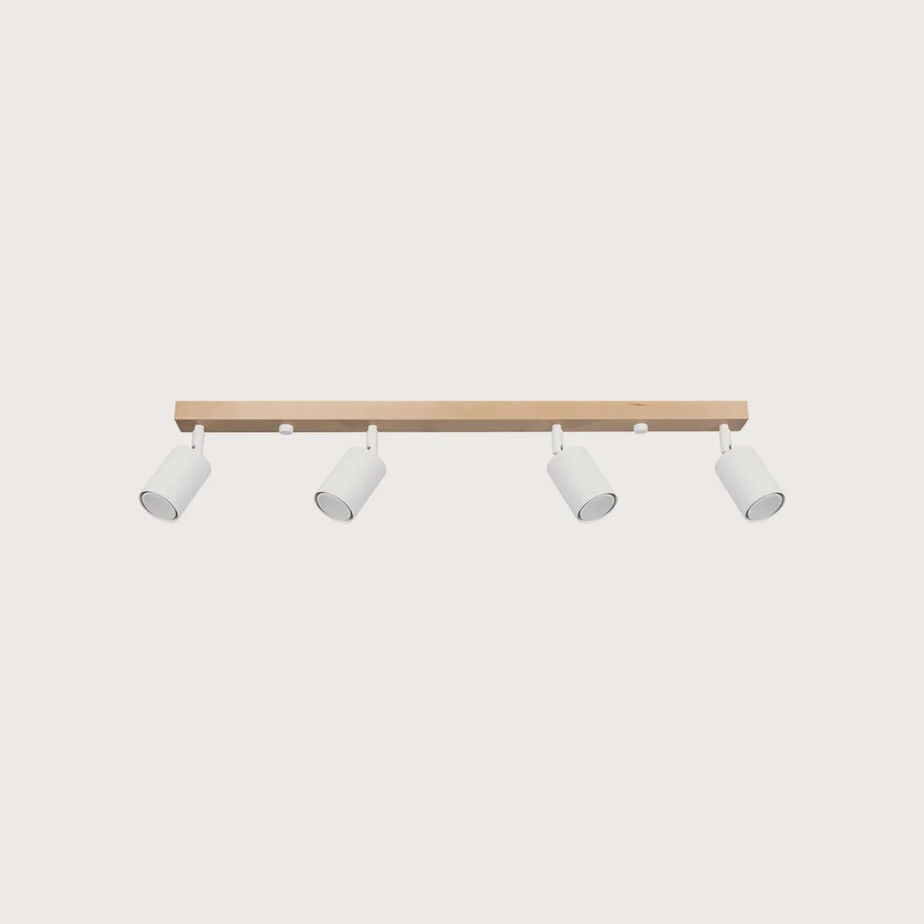 Plafonnier spots orientables sur barre en bois, coloris blanc et bois naturel (4 lumières – barre 96 cm)