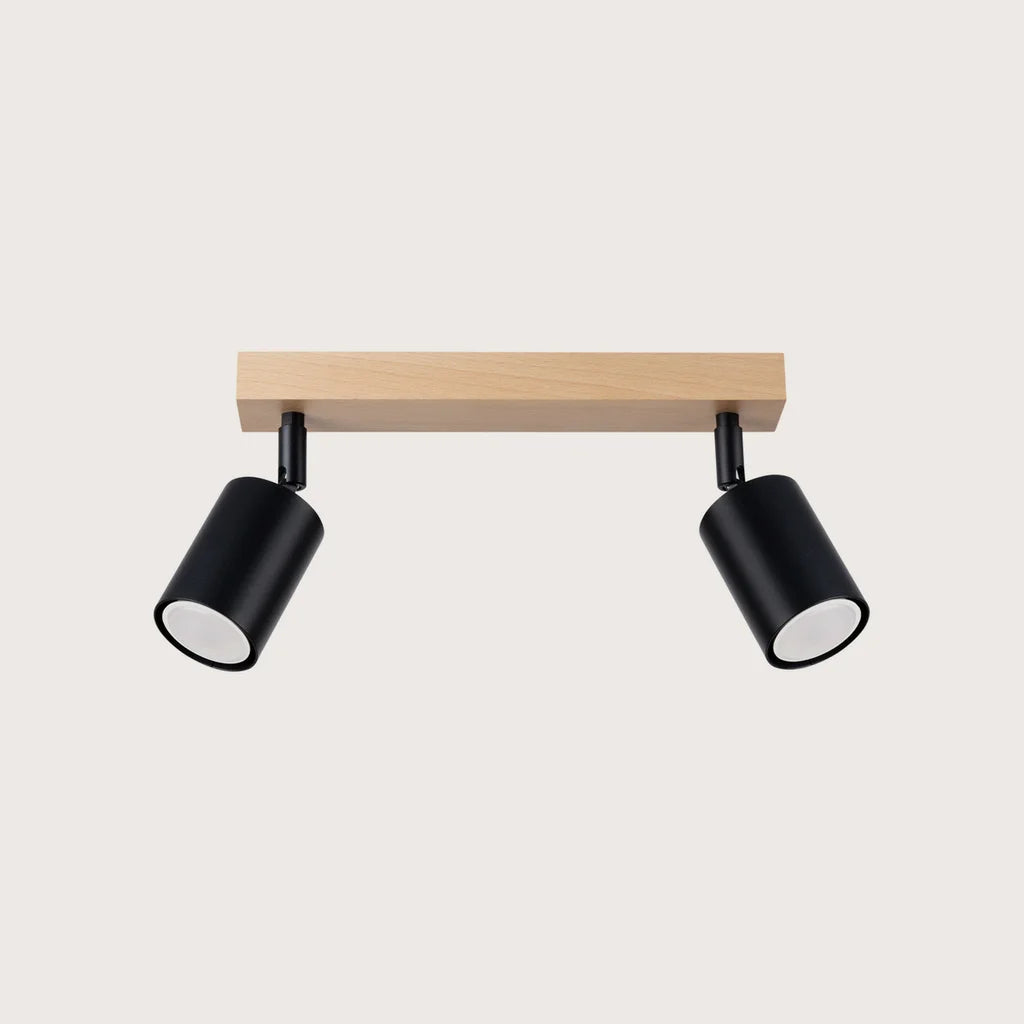 Plafonnier spots orientables sur barre en bois, coloris noir et bois naturel (2 lumières – barre 46 cm)
