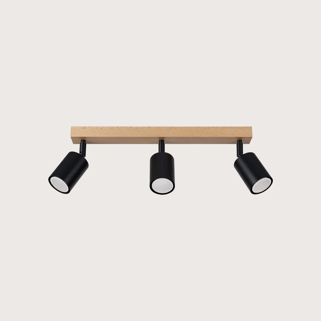 Plafonnier spots orientables sur barre en bois, coloris noir et bois naturel (3 lumières – barre 61 cm)