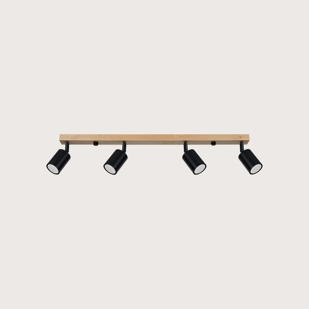 Plafonnier spots orientables sur barre en bois, coloris noir et bois naturel (4 lumières – barre 96 cm)