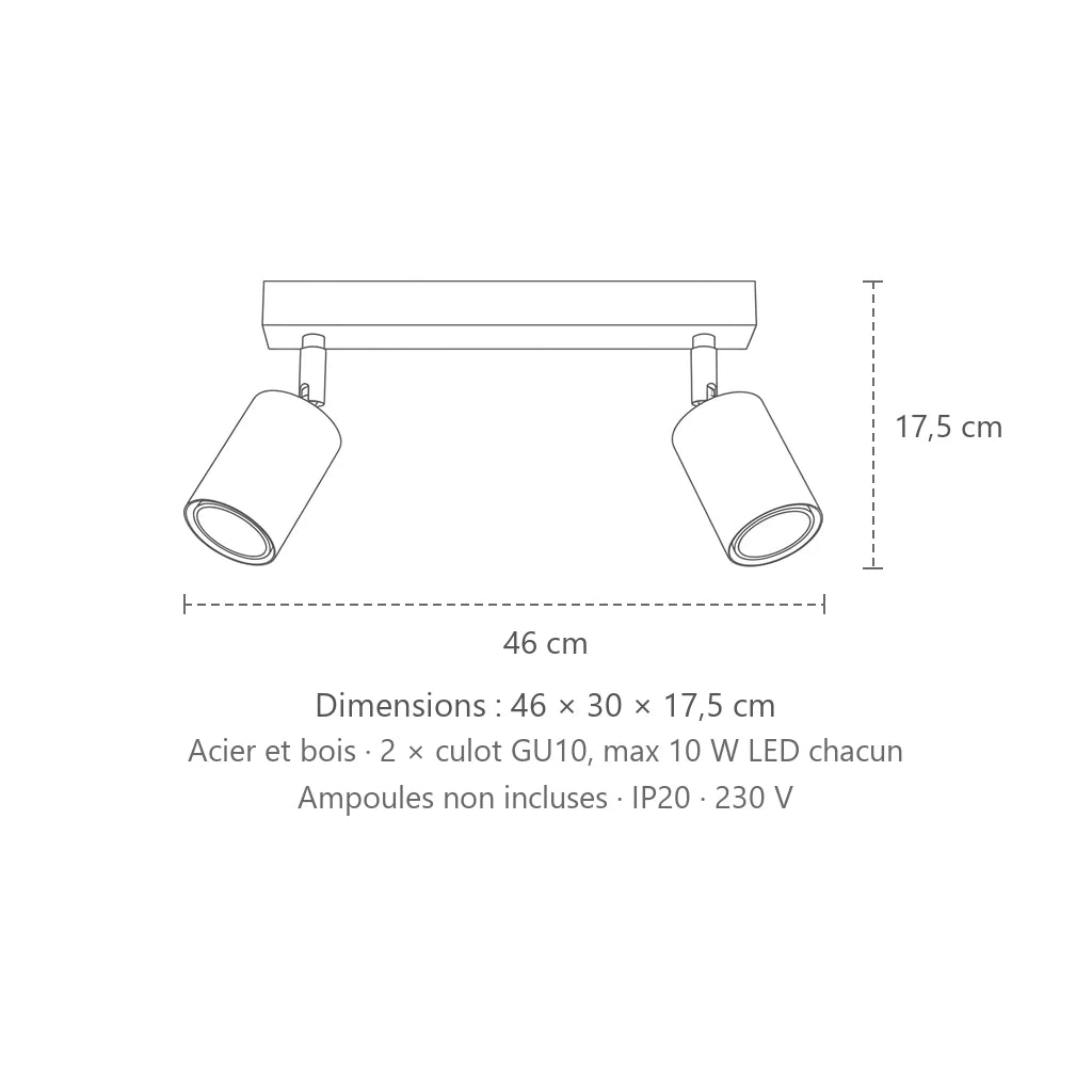 Dimensions : plafonnier spots orientables sur barre en bois (2 lumières – barre 46 cm), 46 × 30 × 17,5 cm