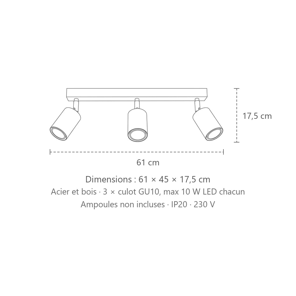 Dimensions : plafonnier spots orientables sur barre en bois (3 lumières – barre 61 cm), 61 × 45 × 17,5 cm
