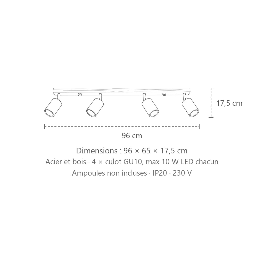 Dimensions : plafonnier spots orientables sur barre en bois (4 lumières – barre 96 cm), 96 × 65 × 17,5 cm