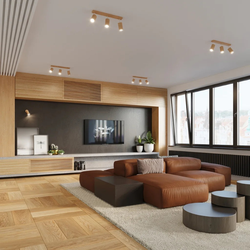 Plafonnier spots orientables en bois naturel dans un salon